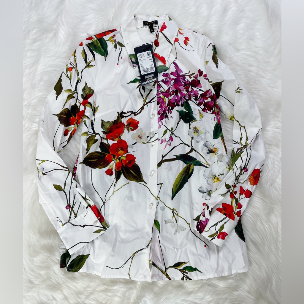 Nwt $650 Escada Nicoli White Fantasy Print Blouse